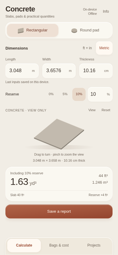 Actual Concrete Estimate calculator interface